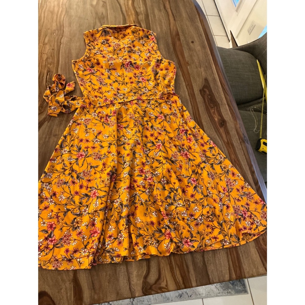 Nanette Nanette Lepore Floral Midi‎ Dress 6 Mustard Yellow Pleated Fit Flare - Picture 13 of 16